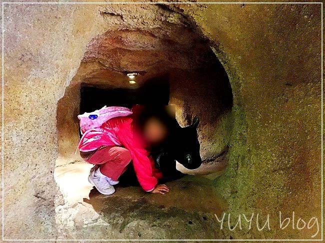 ウォンバットの彫刻と一緒にポーズをとる娘