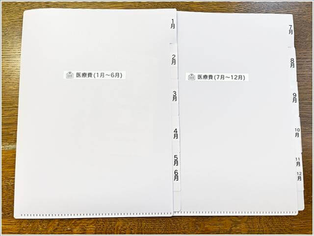 A４ファイルの5インデックスを使って月ごとの医療費を仕分け