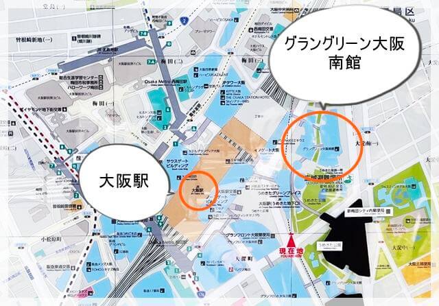 グラングリーン大阪の地図。大阪駅とグラングリーン南館