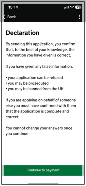 イギリスETA申請の申告画面