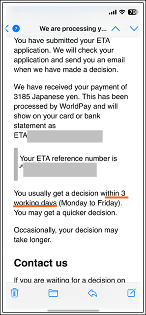イギリスETA申請終了後、登録したメールアドレスに届いたメール
