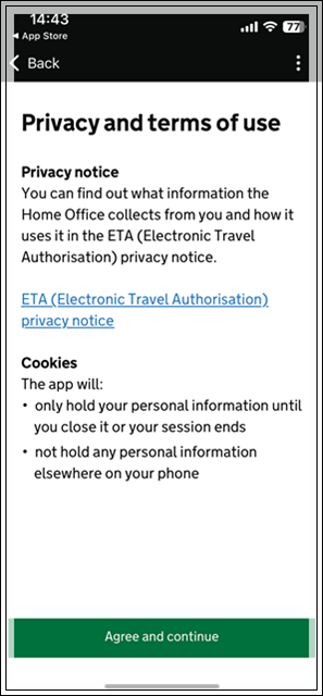 イギリスETA申請のPrivacy and terms of use 
