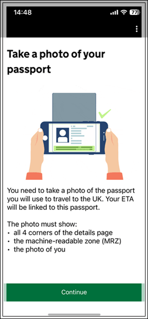 イギリスETA申請でパスポートの写真ページを読み込む