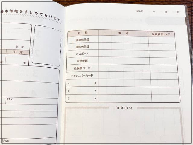 セリアの「もしもに備える情報ノート」の基本的な情報ページ