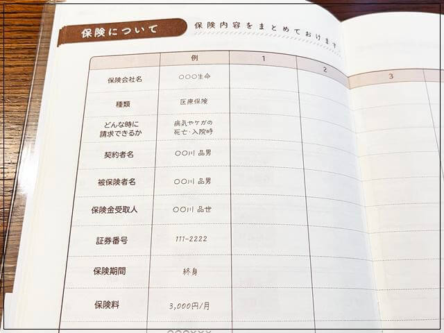 セリアの「もしもに備える情報ノート」の保険のページではどこに請求すればよいかも記録できる