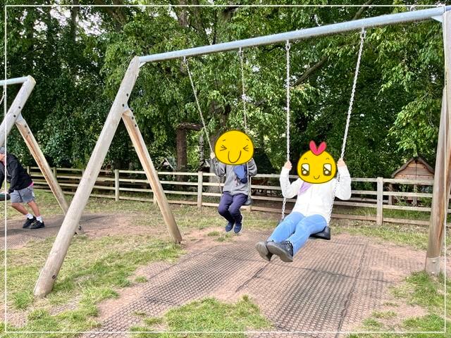 マザーシップトンの洞窟の森にある公園のブランコで遊ぶ子ども達