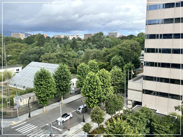 由縁札幌のハリウッドツイン6階からの景色。斜め前には北大植物園が見える